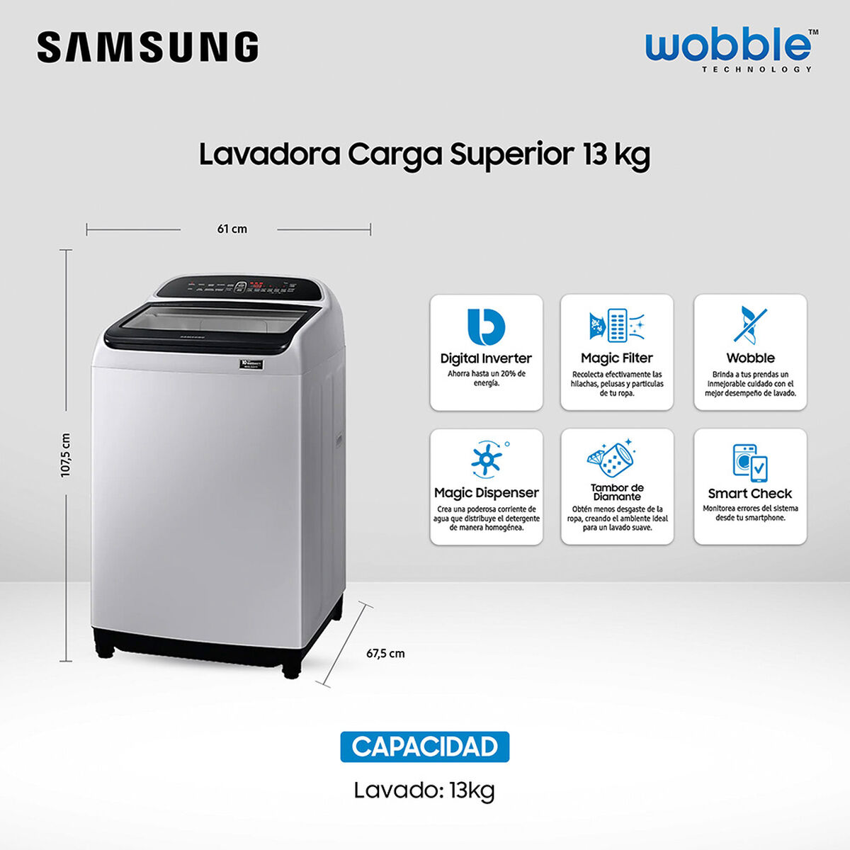Lavadora Automática Samsung WA13T5260BY/ZS 13 kg.