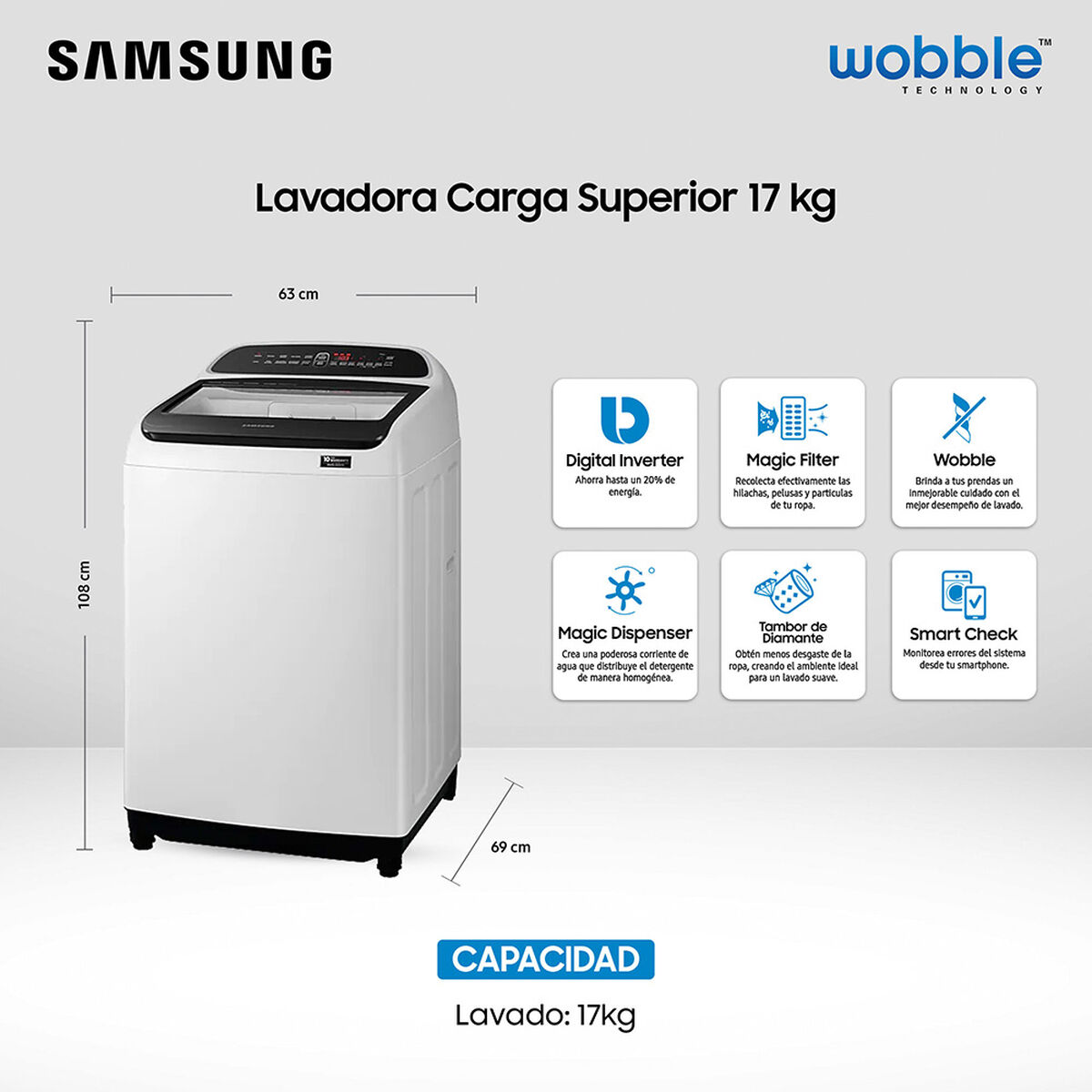 Lavadora Automática Samsung WA17T6260BWZS 17 kg.