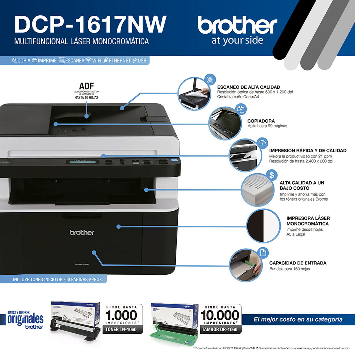 Multifuncional Brother DCP-1617NW Láser B&N WiFi