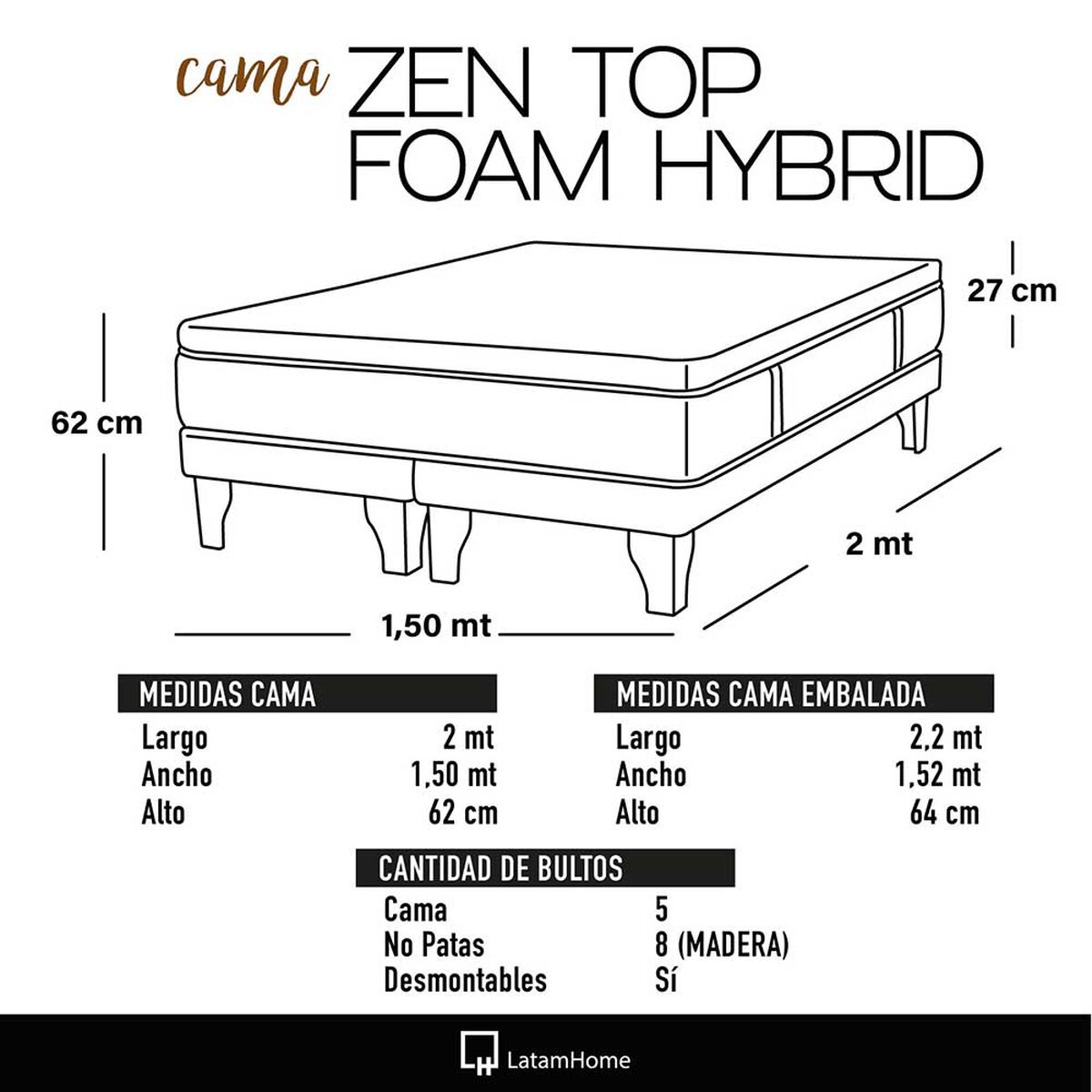 Cama Europea Latam Home Base Dividida 2 Plazas Zen Top Foam Hybrid Velvet Beige