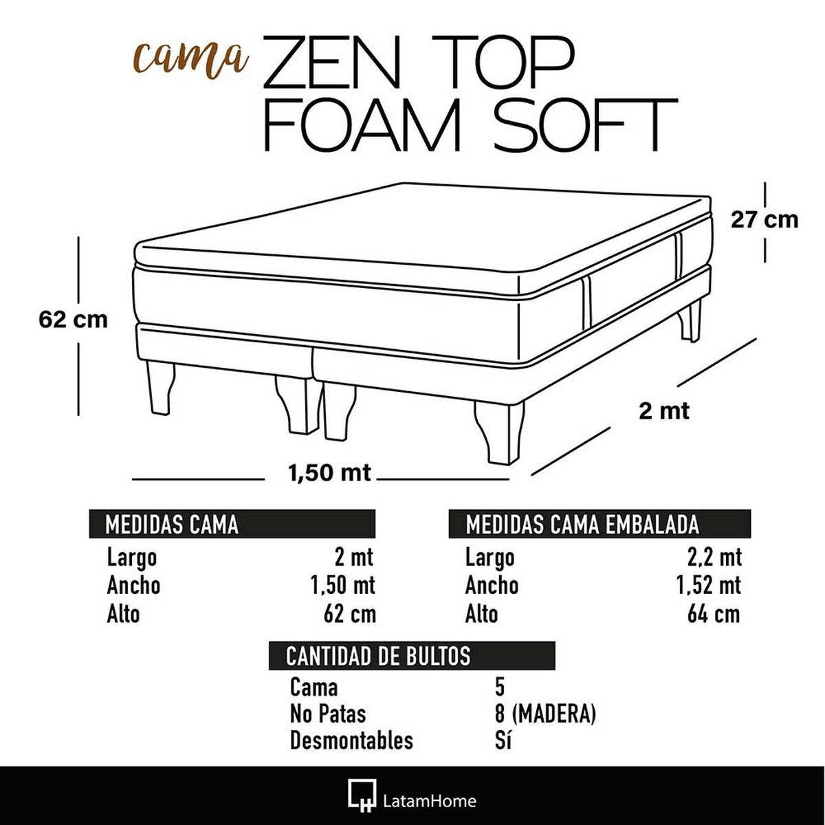 Cama Europea Latam Home Base Dividida 2 Plazas Zen Top Foam Soft Velvet Beige