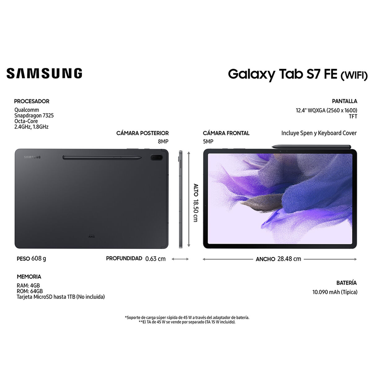 Tablet Samsung SM-T733 Galaxy TAB S7 FE Octa Core 4GB 64GB 12.4" Negro + S-Pen + Cover