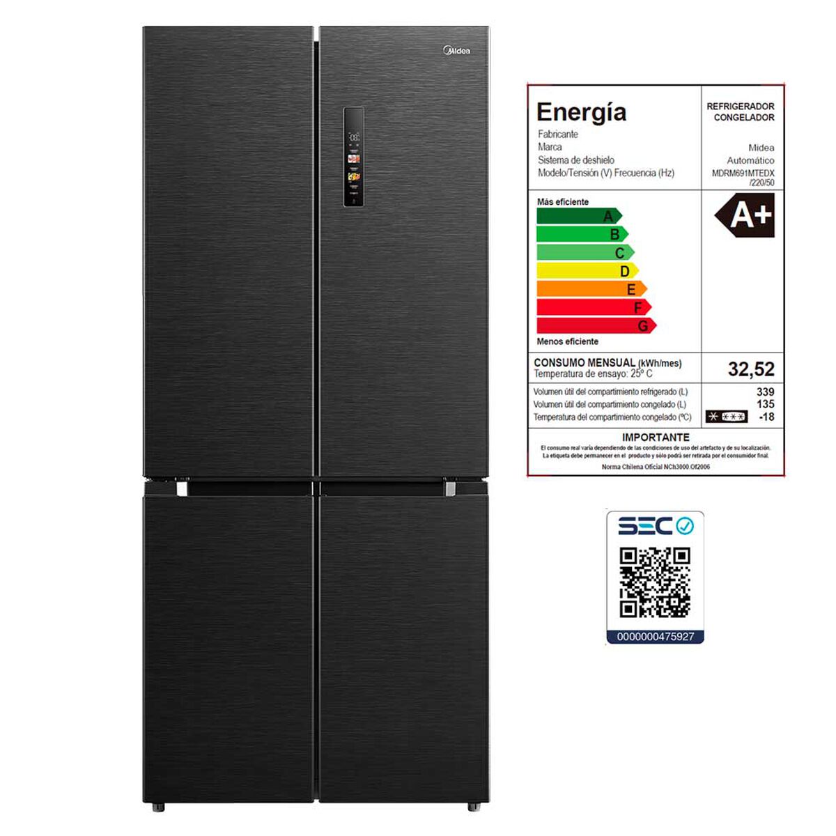 Refrigerador No Frost Midea MDRM691MTEDX 474 lts.
