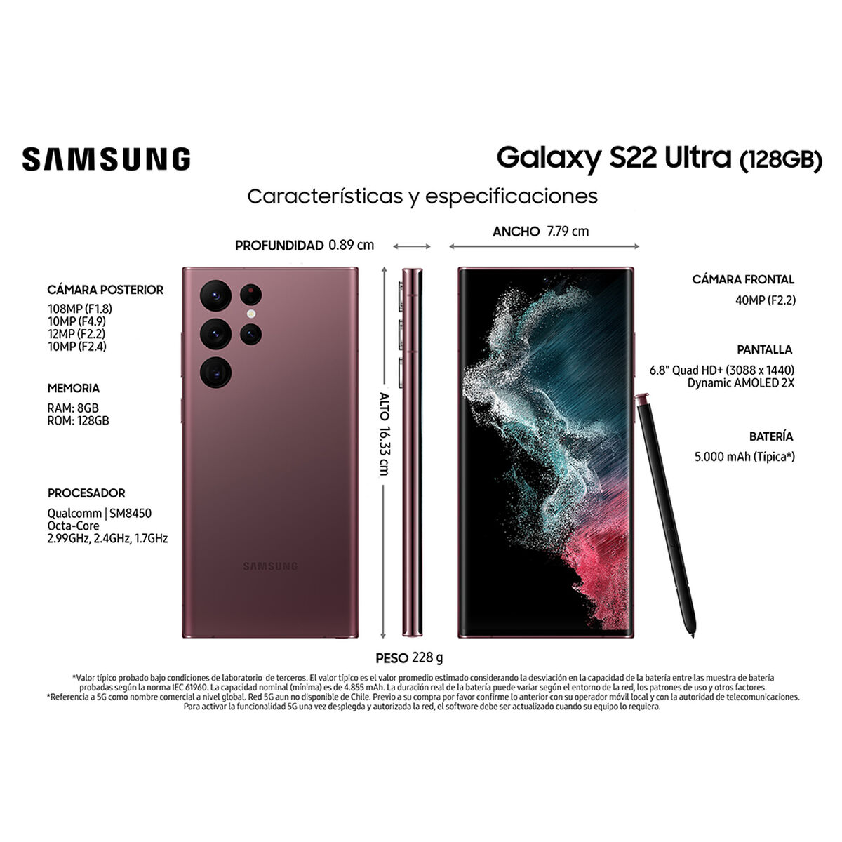 Celular Samsung Galaxy S22 Ultra 128GB 6,8" Burgundy Liberado