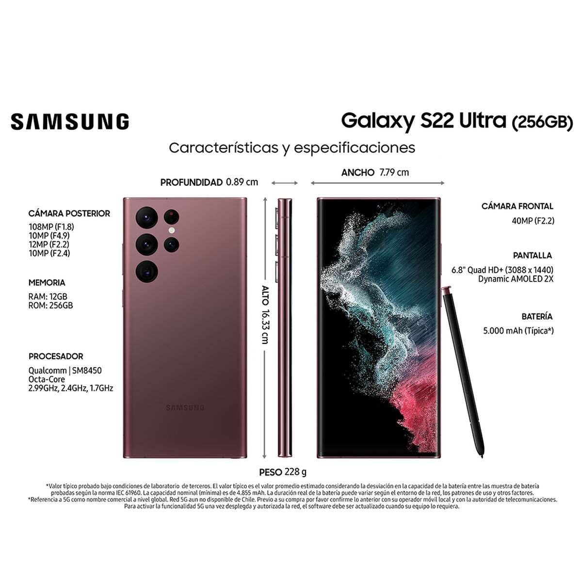 Celular Samsung Galaxy S22 Ultra 256GB 6,8" Burgundy Liberado