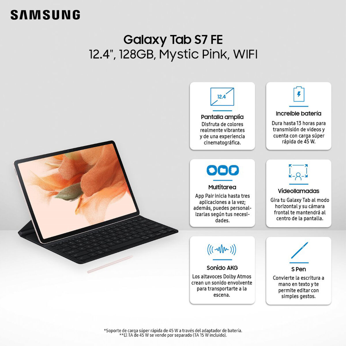 Tablet Samsung SM-T733 Galaxy TAB S7 FE Octa Core 6GB 128GB 12.4" Rosado + S-Pen + Cover