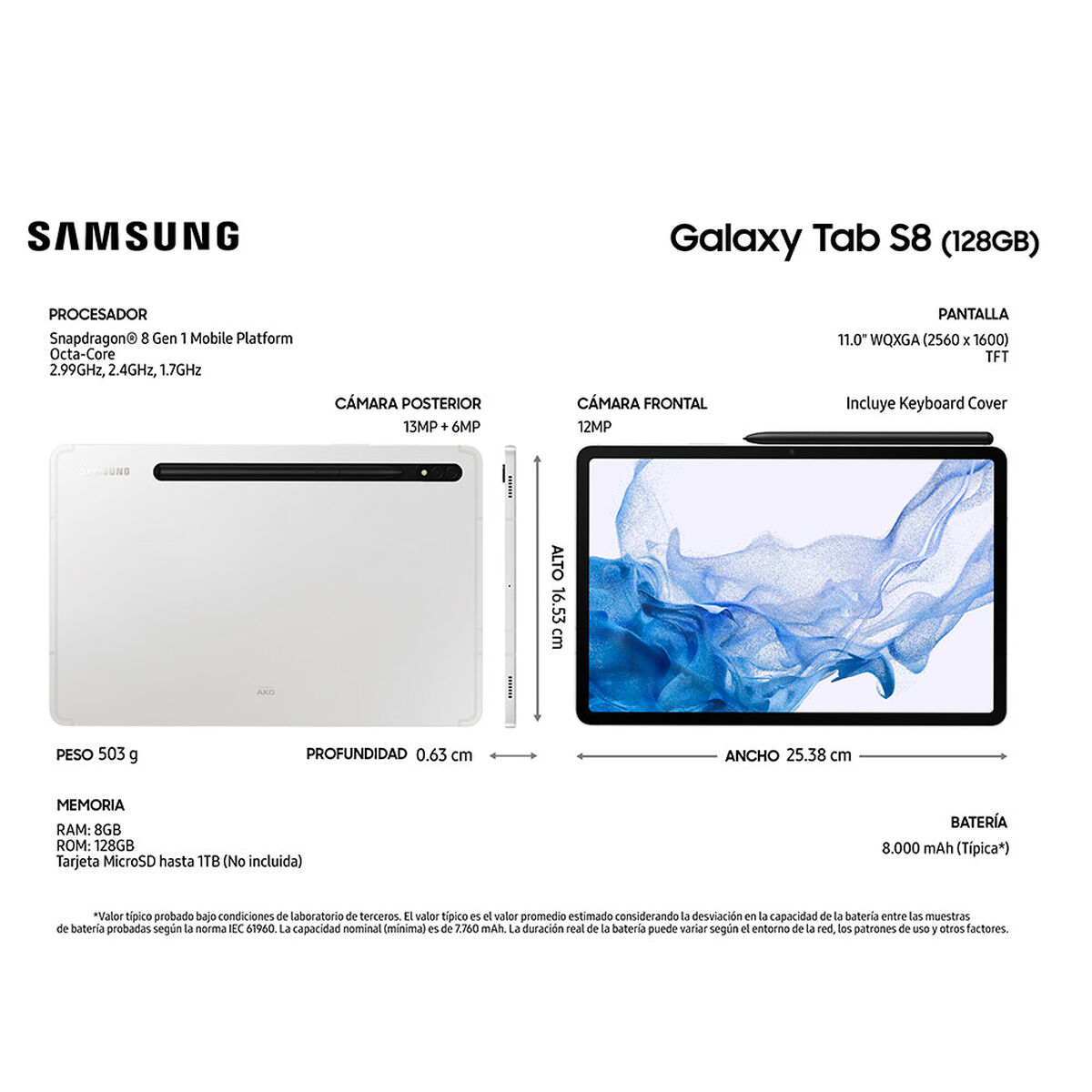 Tablet Samsung Galaxy TAB S8 SM-X700 Octa Core 8GB 128GB 11" Silver + S-Pen + Keyboard Cover