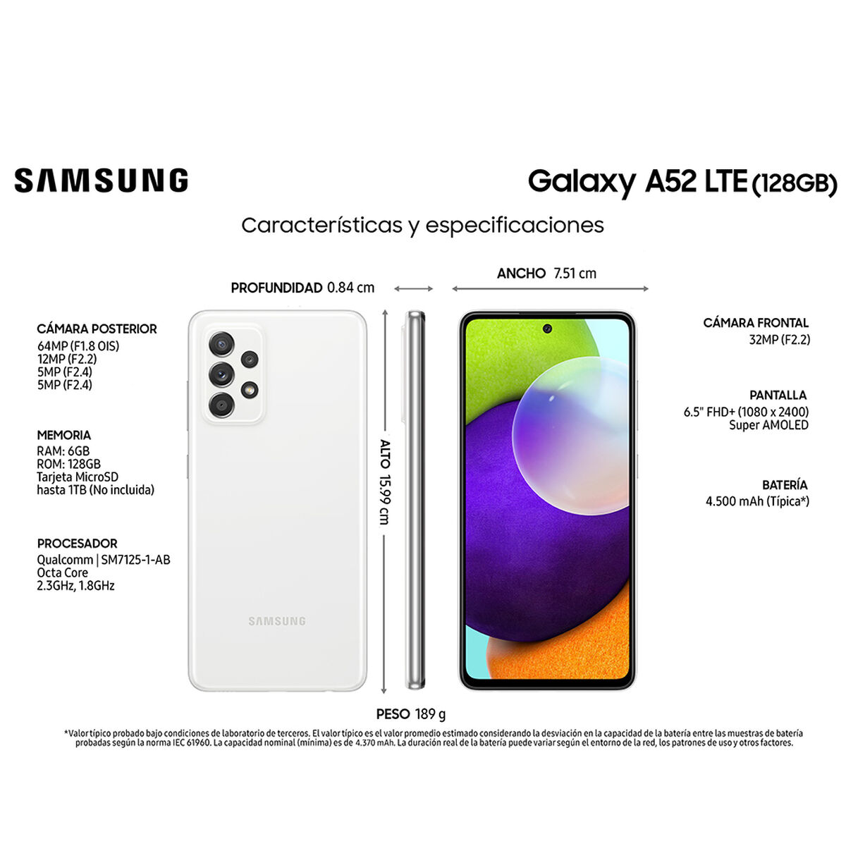 Celular Samsung Galaxy A52 LTE 128GB 6,5" Awesome White Liberado