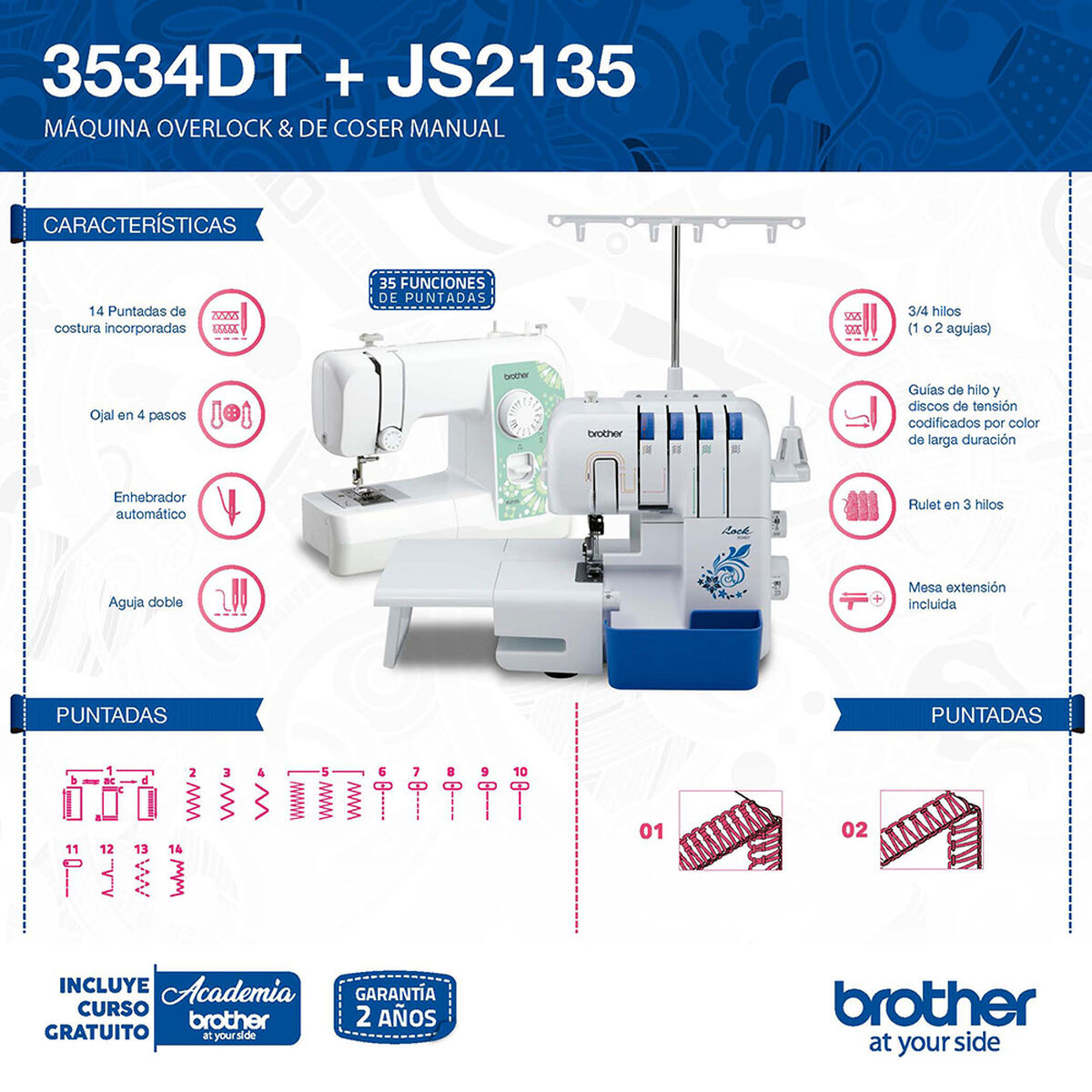 Máquina Overlock Brother 3534DT + Máquina de Coser y Remendar Brother JS2135