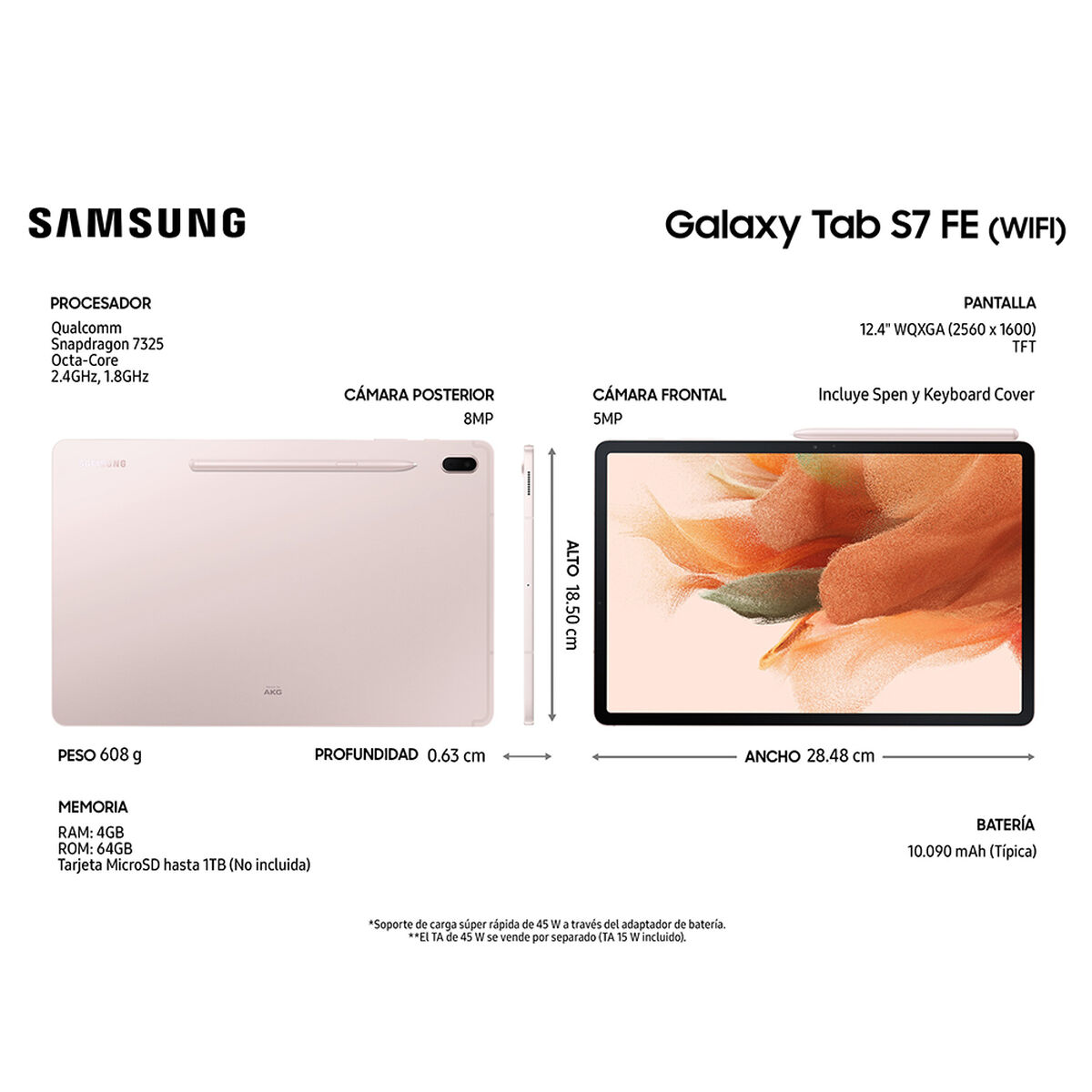 Tablet Samsung SM-T733 Galaxy TAB S7 FE Octa Core 4GB 64GB 12.4" Rosado + S-Pen + Cover