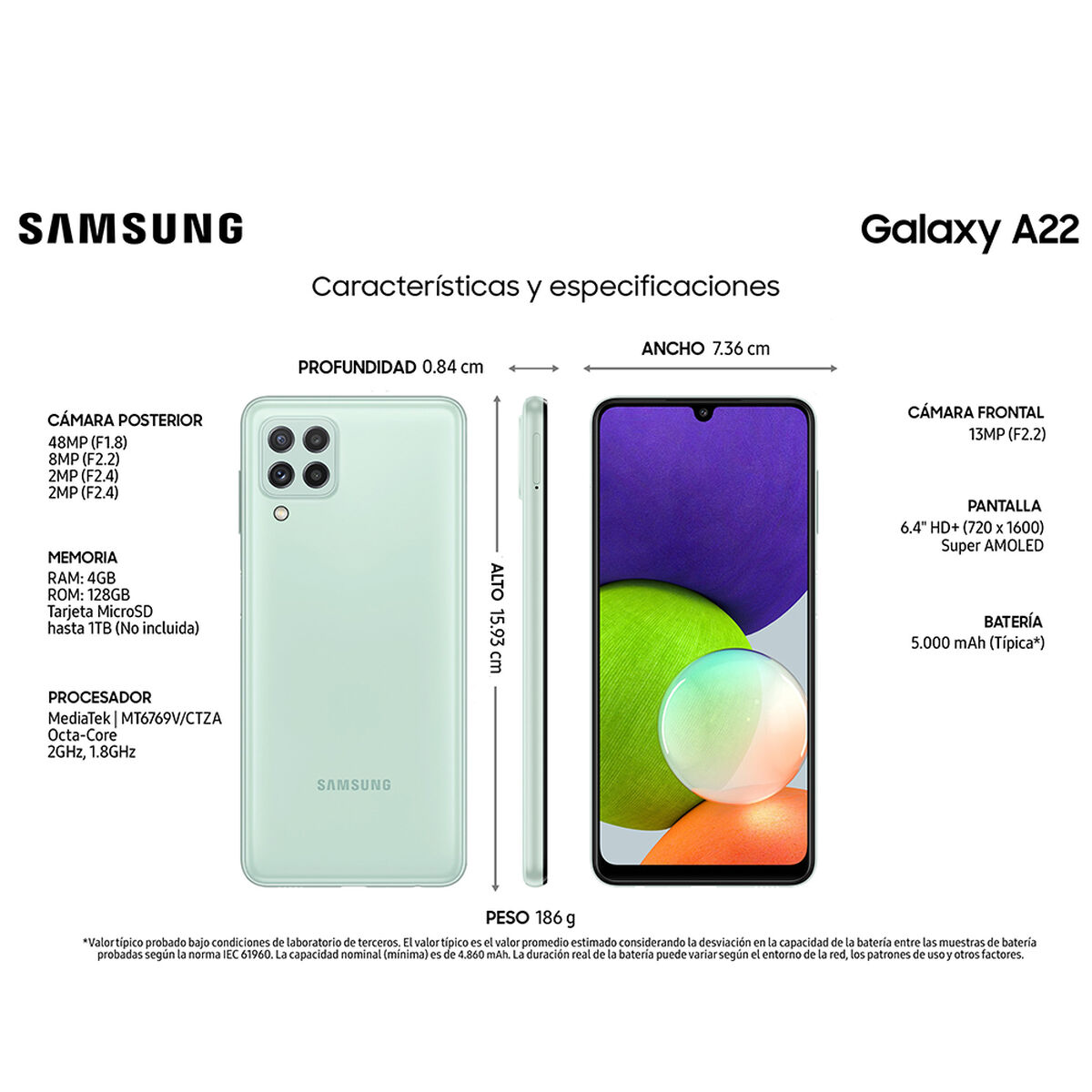 Celular Samsung Galaxy A22 128GB 6,4" Menta Liberado