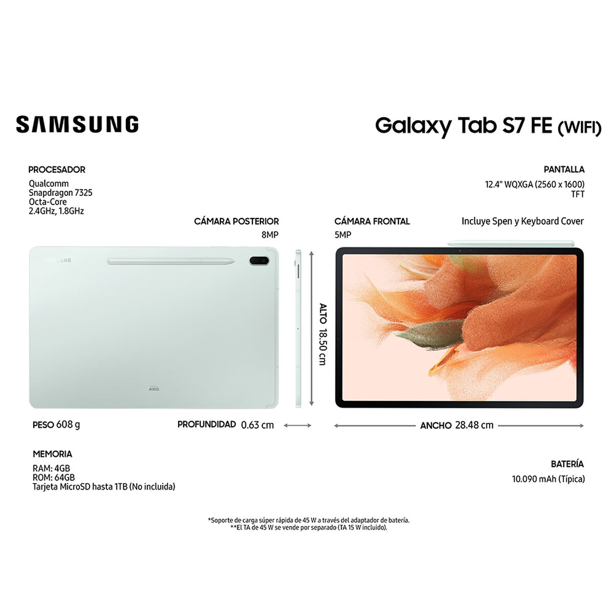Tablet Samsung SM-T733 Galaxy TAB S7 FE Octa Core 4GB 64GB 12.4" Verde + S-Pen + Cover