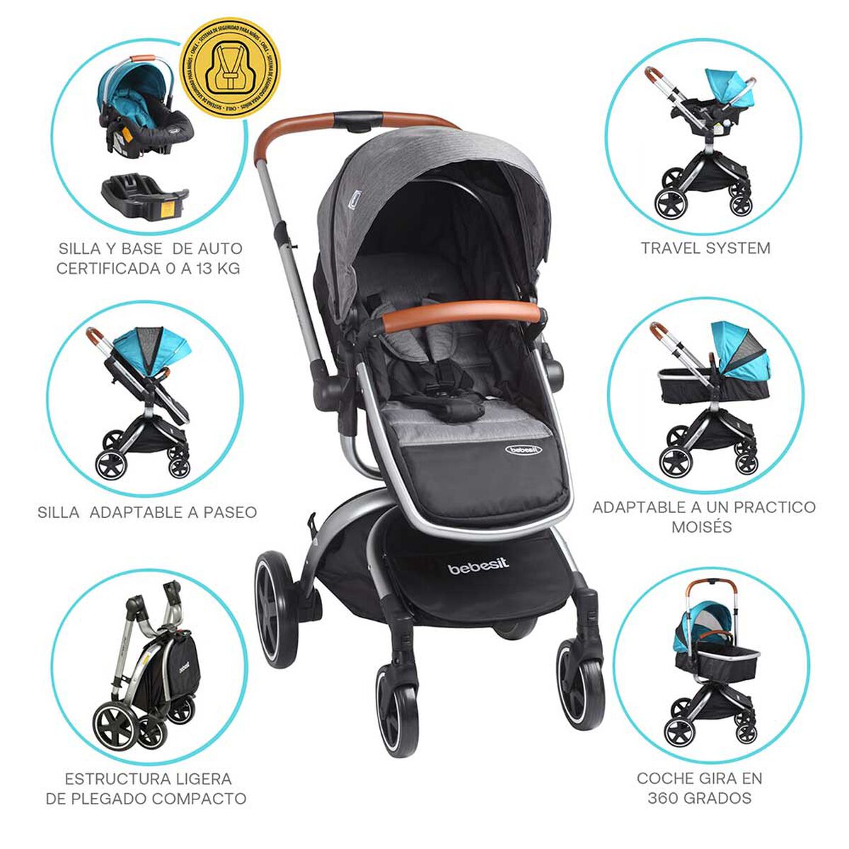 Coche Travel System Deluxe 360° Sx Gris Bebesit