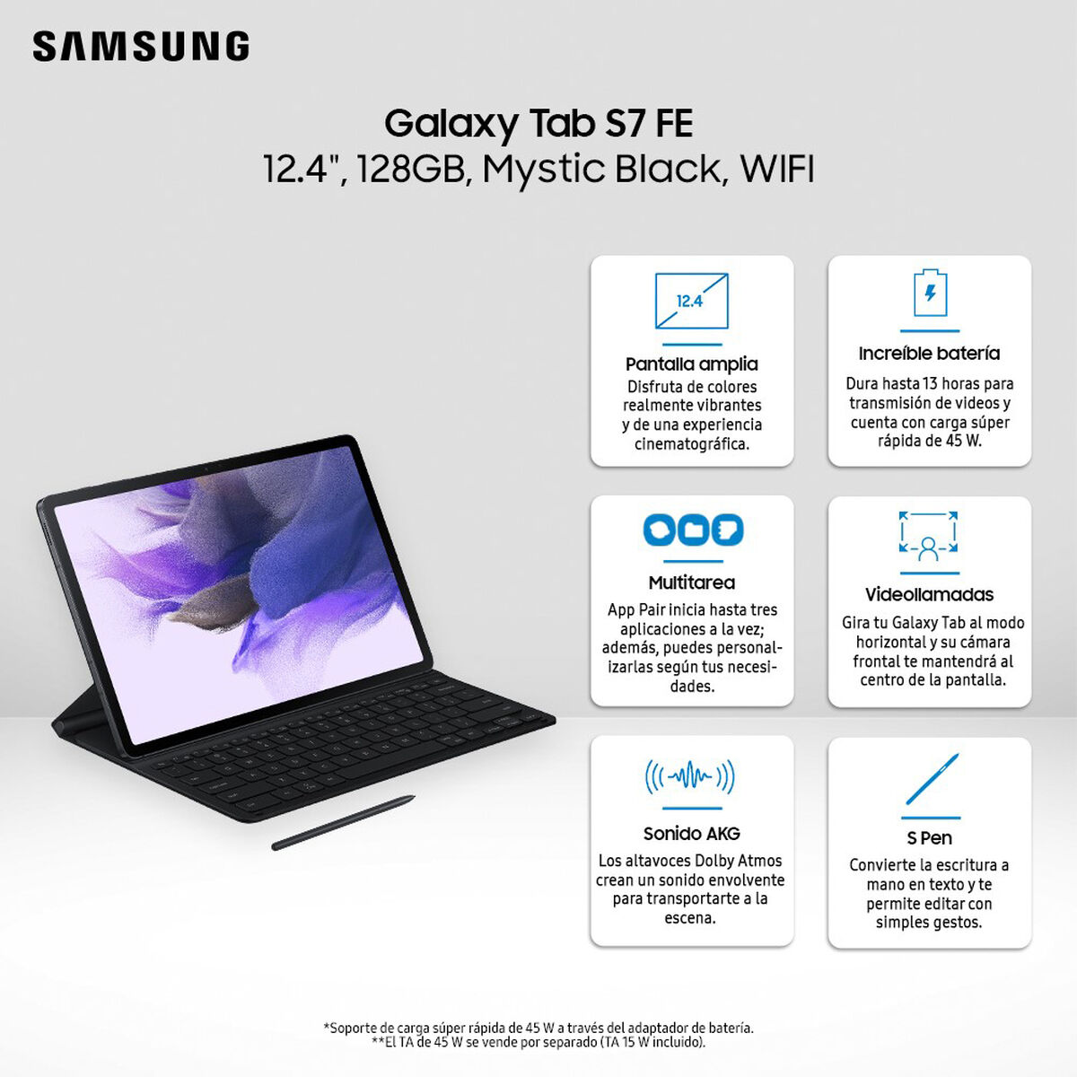 Tablet Samsung SM-T733 Galaxy TAB S7 FE Octa Core 6GB 128GB 12.4" Negro + S-Pen + Cover