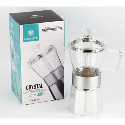 Cafetera de Vidrio Borosilicato y Aluminio Vitrex Crystal + 9 Tazas