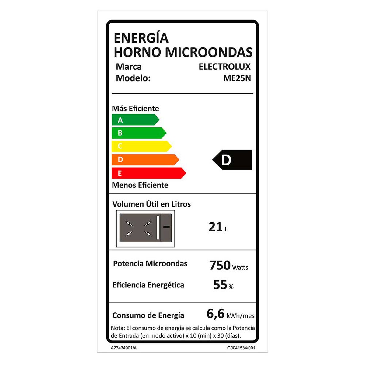 Microondas Electrolux ME25N 25 lts.