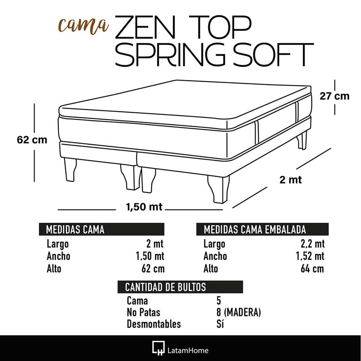 Cama Europea Latam Home Base Dividida 2 Plazas Zen Top Spring Soft Velvet Beige
