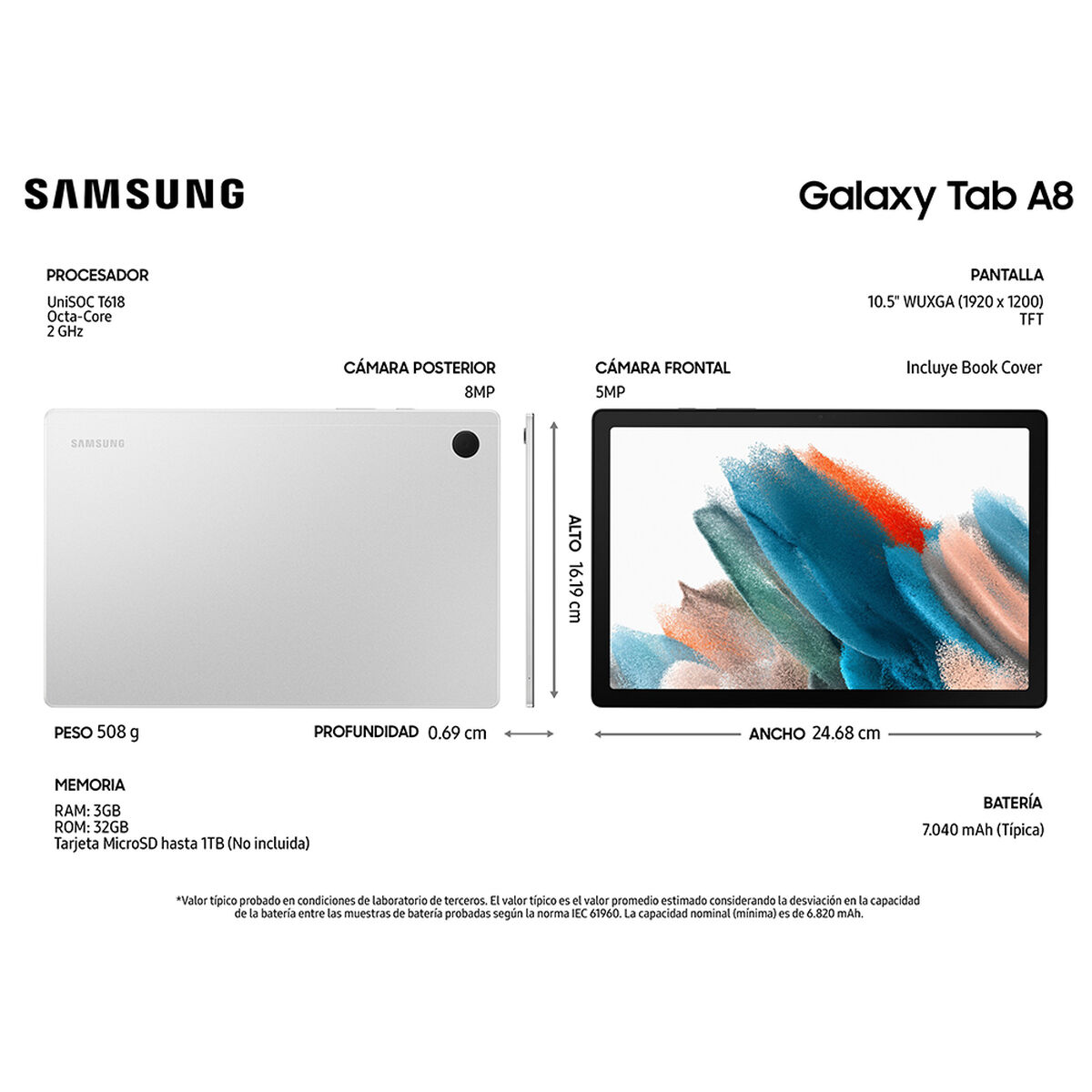 Tablet Samsung SM-X200 Galaxy TAB A8 Octa Core 3GB 32GB 10,5" Plateado + Cover