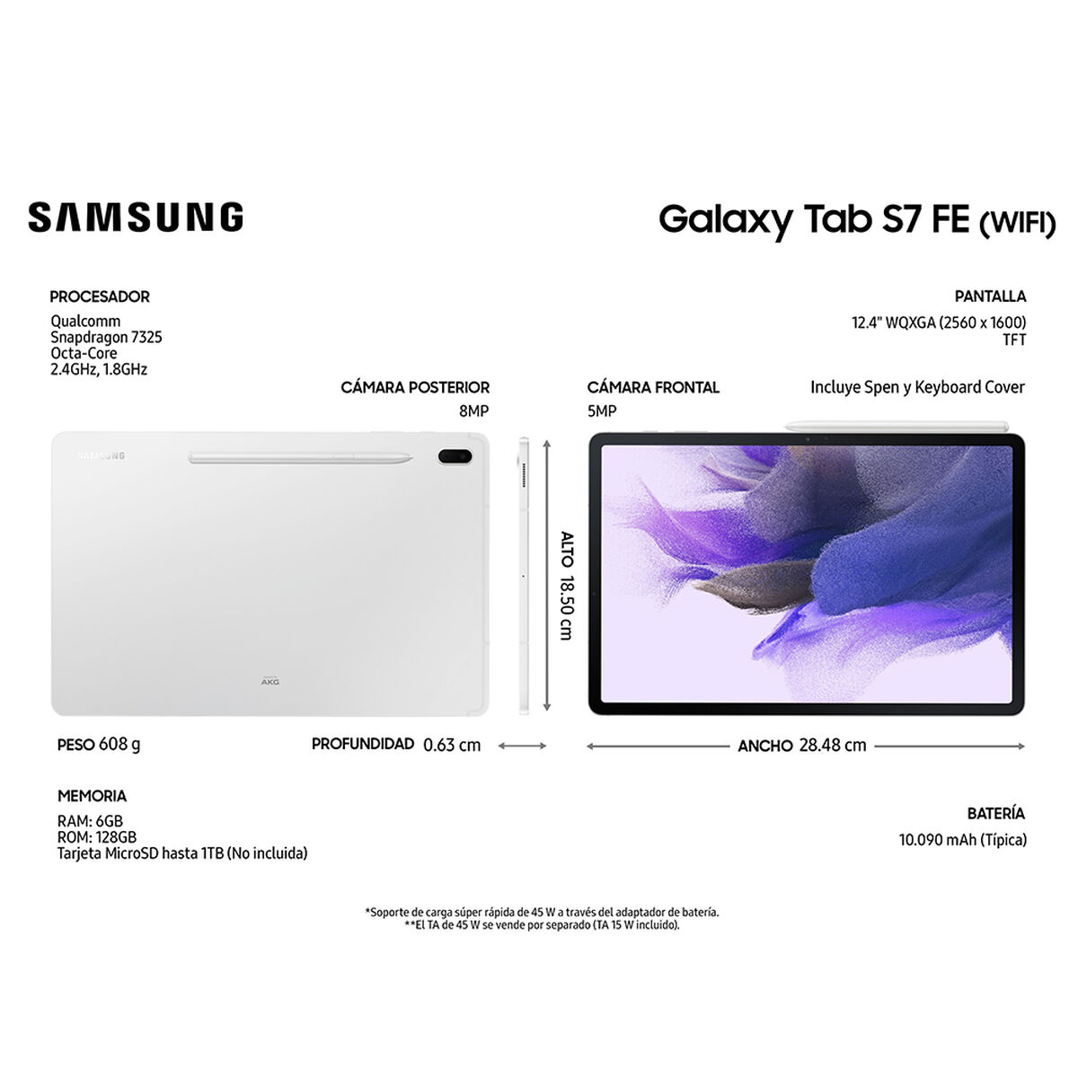 Tablet Samsung SM-T733 Galaxy TAB S7 FE Octa Core 6GB 128GB 12.4" Plateado + S-Pen + Cover