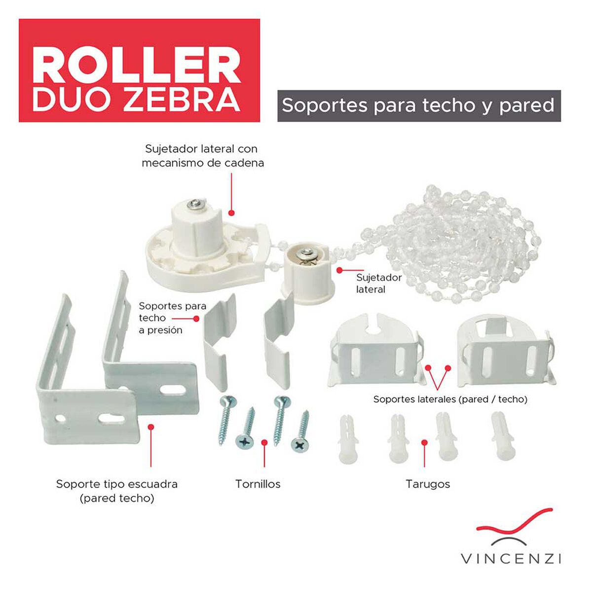 Kit Instalación para Cortina Roller Blackout Vincenzi R6028 Blanco 28 mm