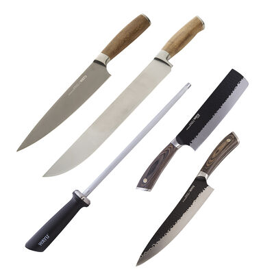 Set Parrillero Wayu Hacha + Cuchillo + Cuchillo + Cuchillo Chef + Espada Afiladora