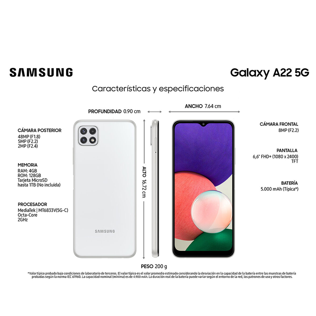 Celular Samsung Galaxy A22 5G 128GB 6,6" Blanco Liberado