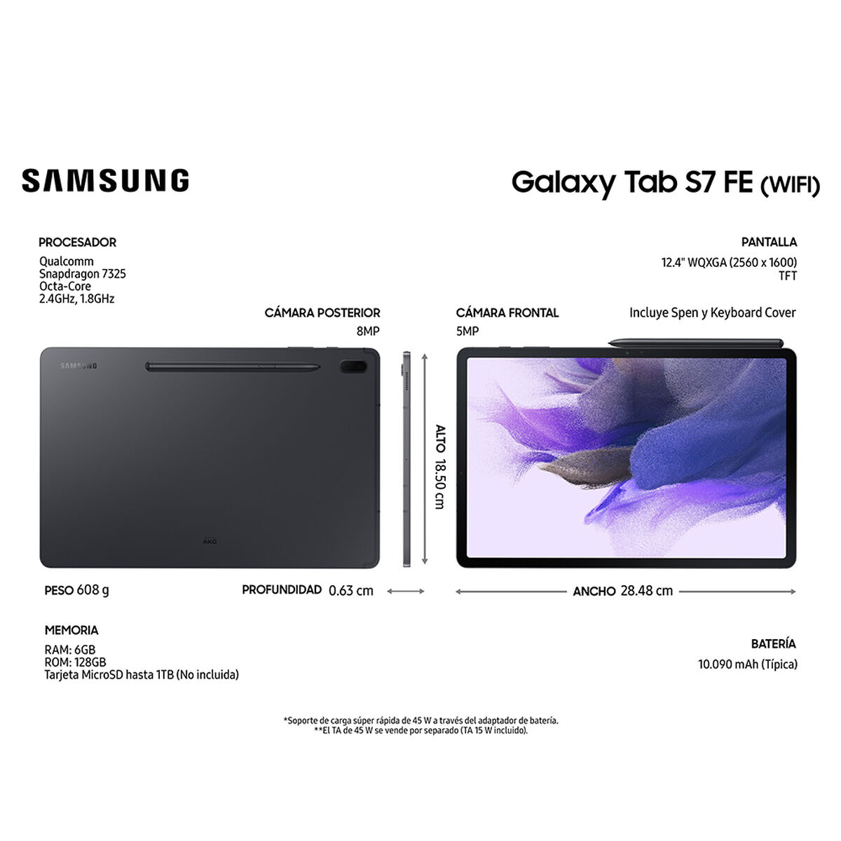 Tablet Samsung SM-T733 Galaxy TAB S7 FE Octa Core 6GB 128GB 12.4" Negro + S-Pen + Cover