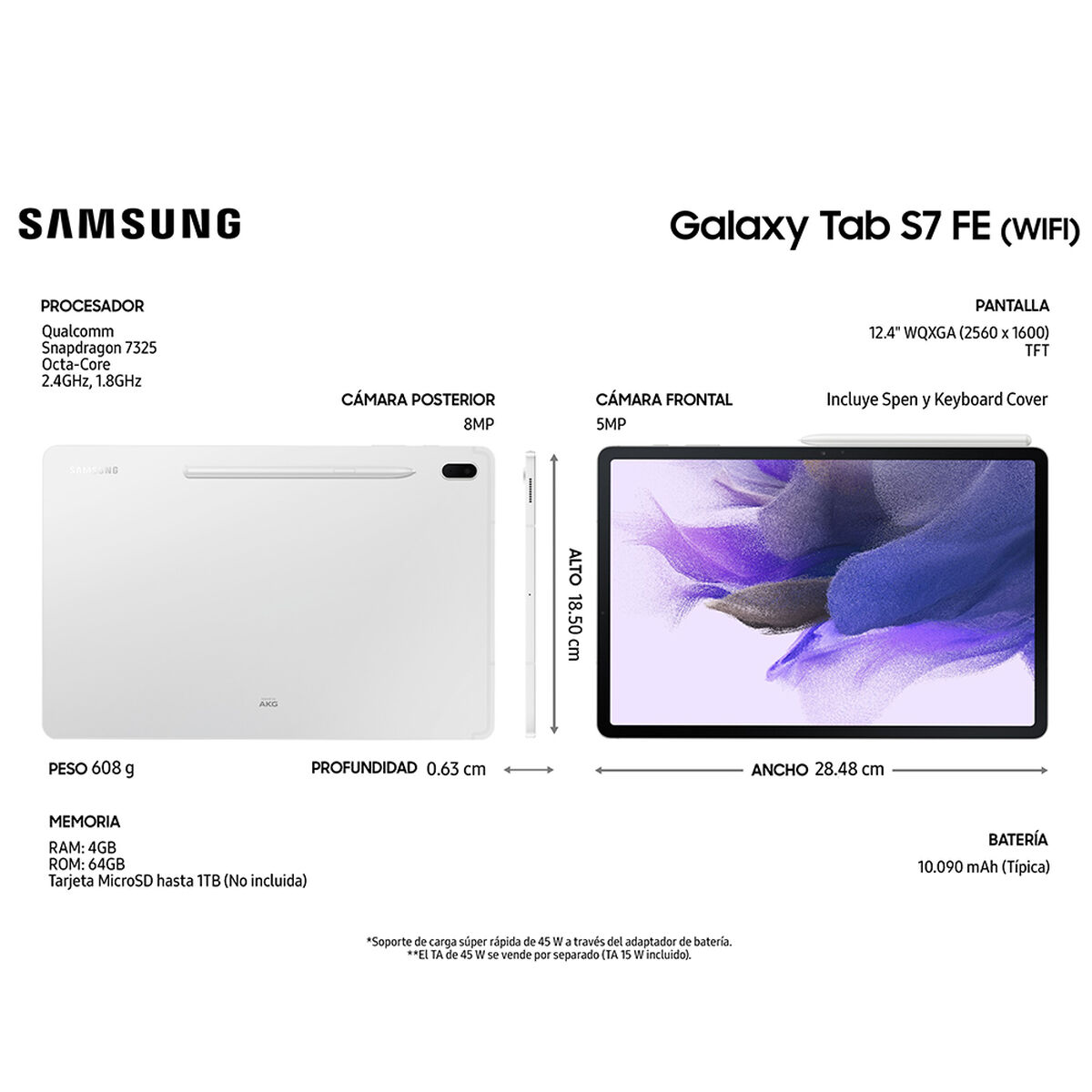 Tablet Samsung SM-T733 Galaxy TAB S7 FE Octa Core 4GB 64GB 12.4" Plateado + S-Pen + Cover