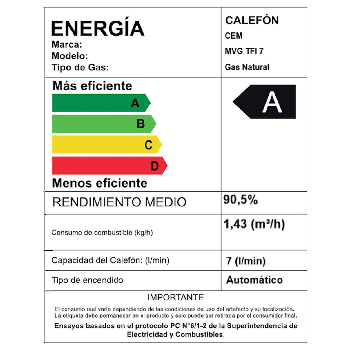 Calefont Tiro Forzado Master 7 Gas Natural 7 lts.