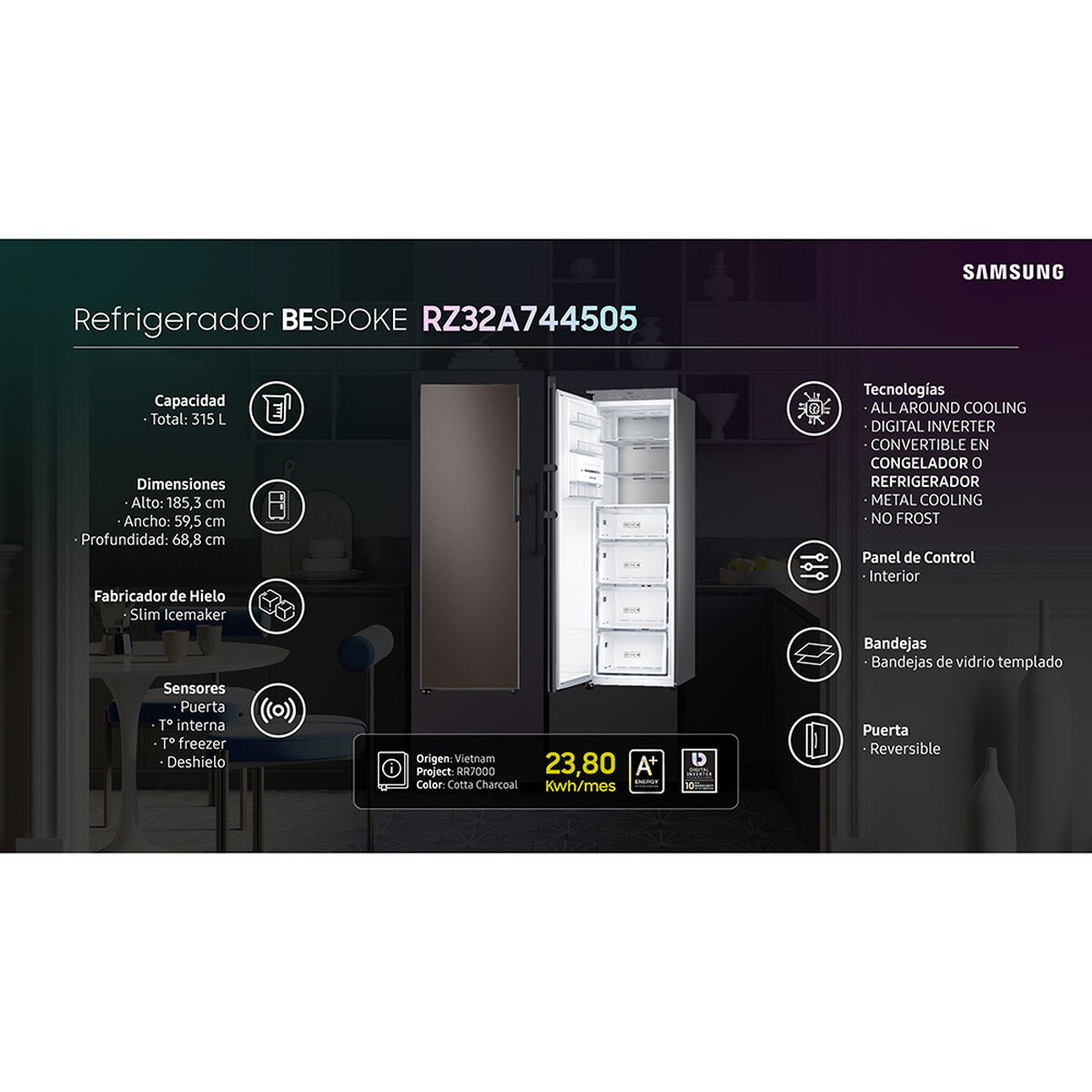 Refrigerador/Congelador 1 Door Samsung Bespoke Flex 315 lts con Slim Ice maker