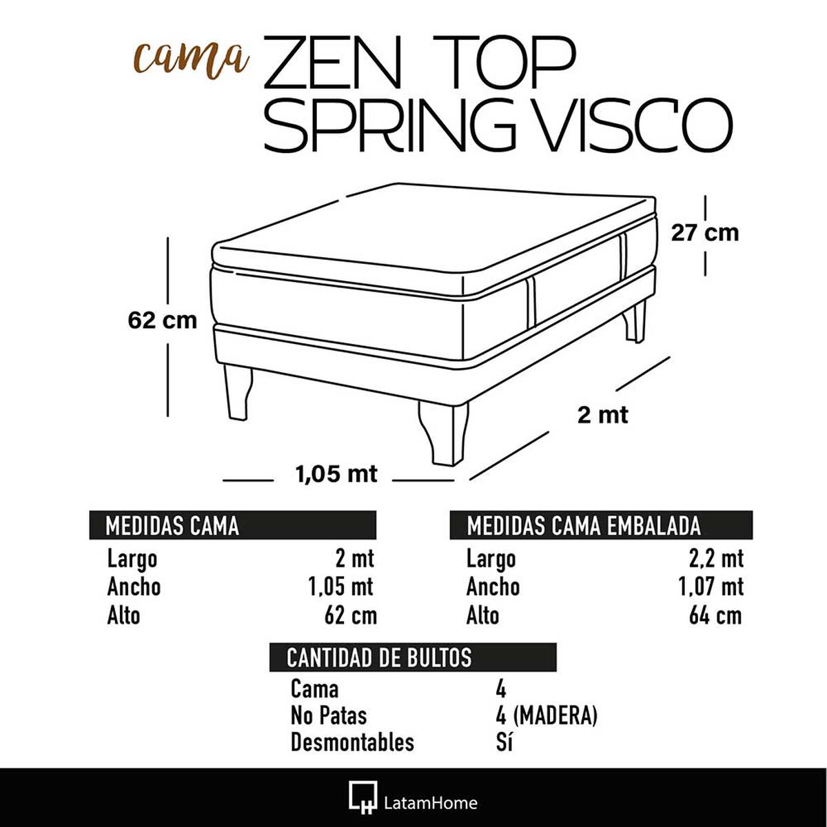 Cama Europea Latam Home 1,5 Plazas Zen Top Spring Visco Velvet Chocolate