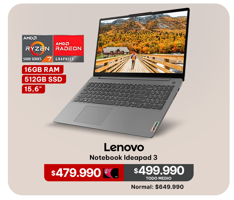Notebook Lenovo Ideapad 3 AMD Ryzen 7 5700U 16GB 512GB SSD 15,6